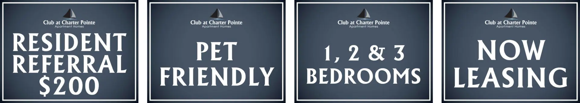 Apartment leasing and referral promotion signs.