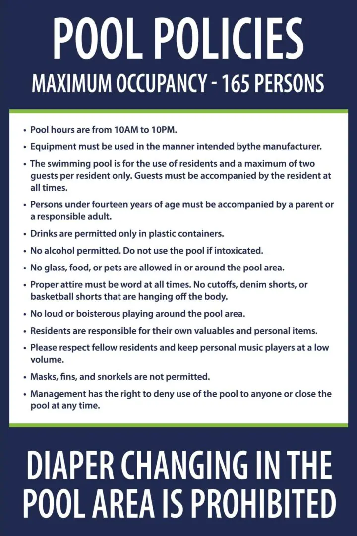 Pool rules and policies notice board.