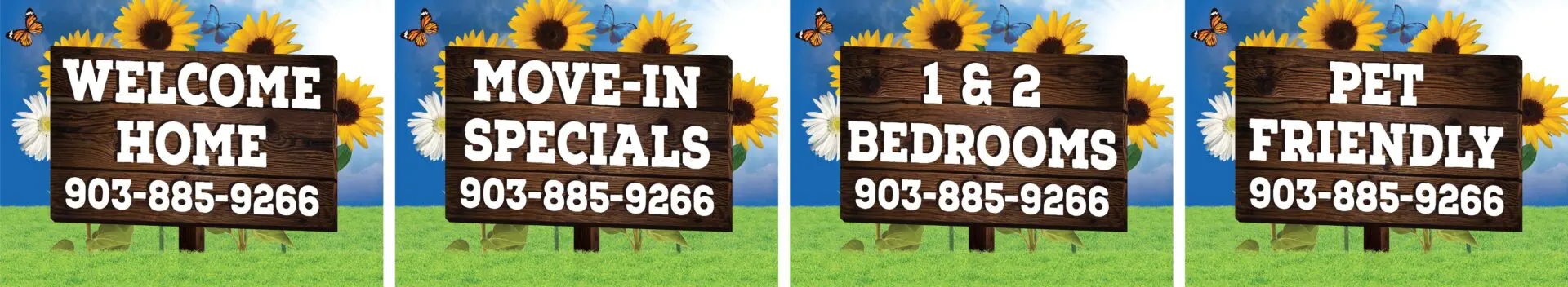 Apartment signs with contact number and offers.