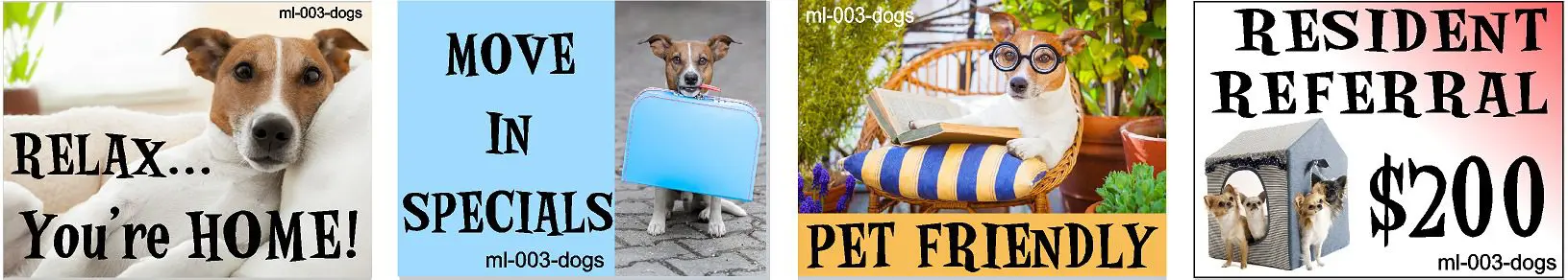 Dog-themed apartment promotions and referral incentives.