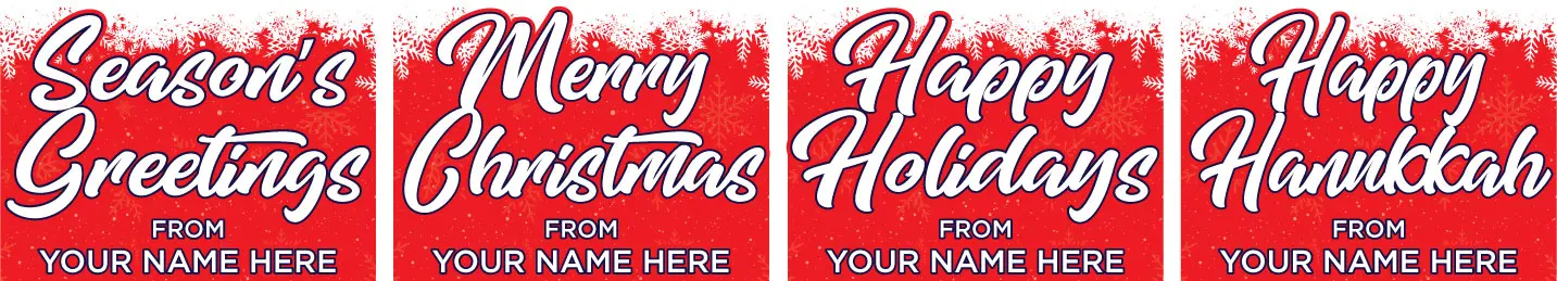 Holiday greetings cards with customizable name fields.