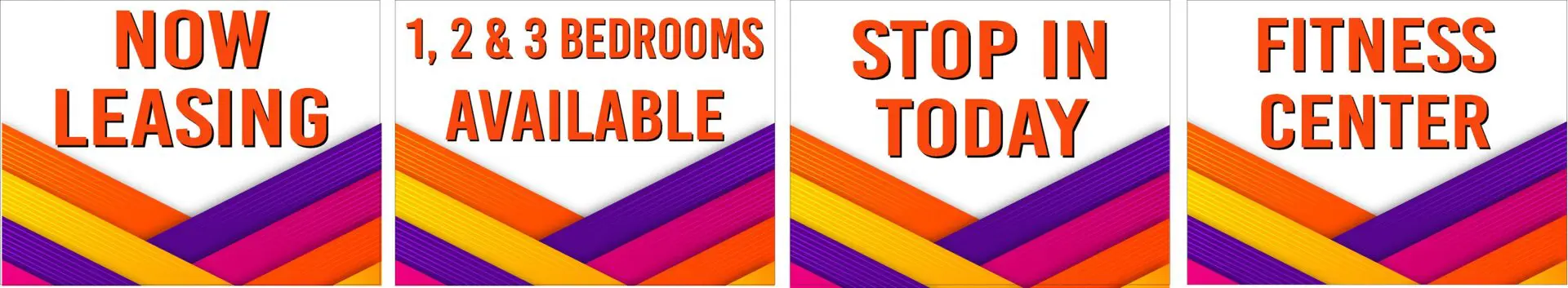 Apartment leasing advertisement with colorful design.