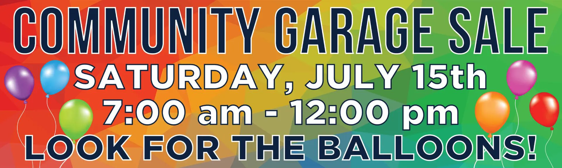 Community garage sale with colorful balloons.