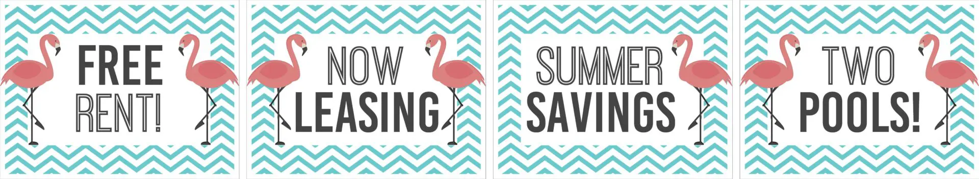 Apartment promotions with flamingo illustrations.