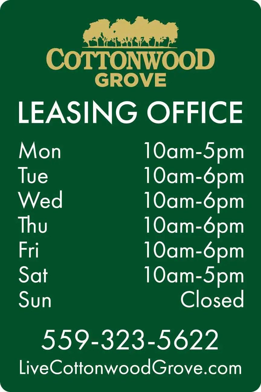 Leasing office hours and contact information.