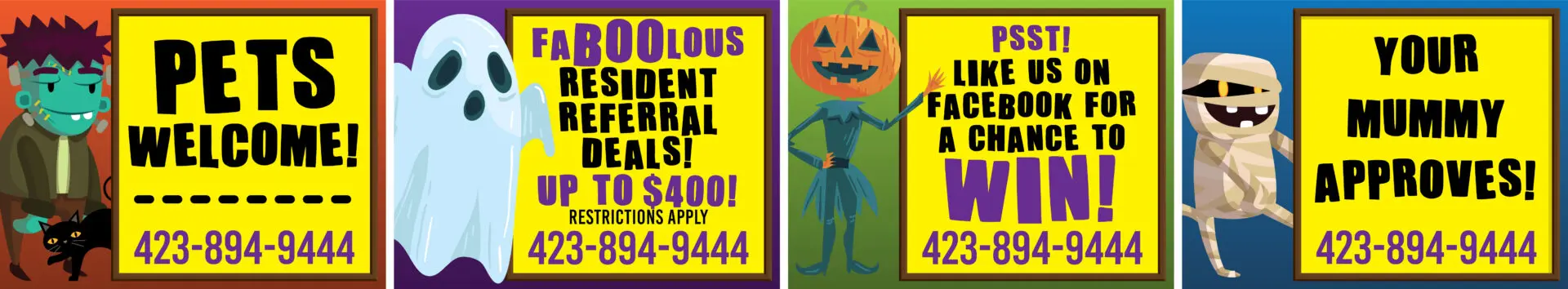 Halloween-themed promotional signs with cartoon characters.