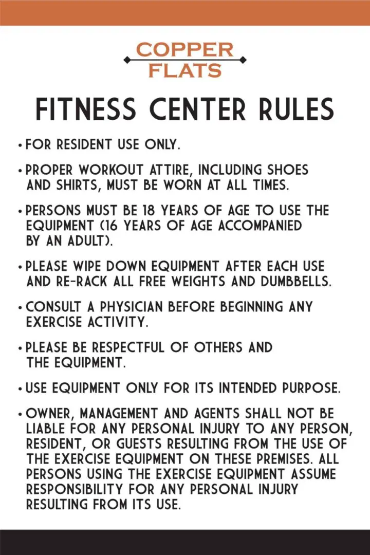 Copper Flats fitness center rules sign.