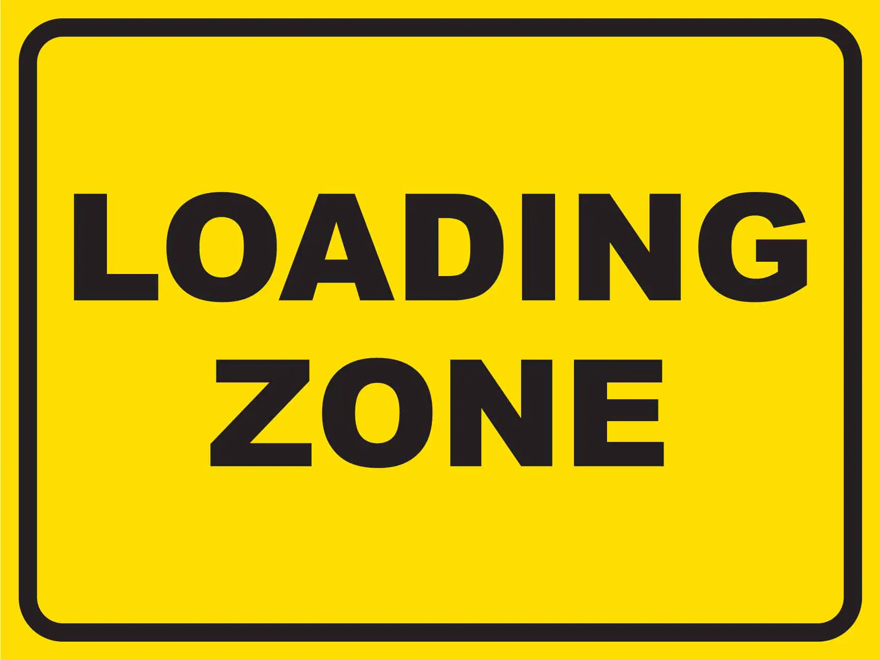 Yellow loading zone sign with black text.
