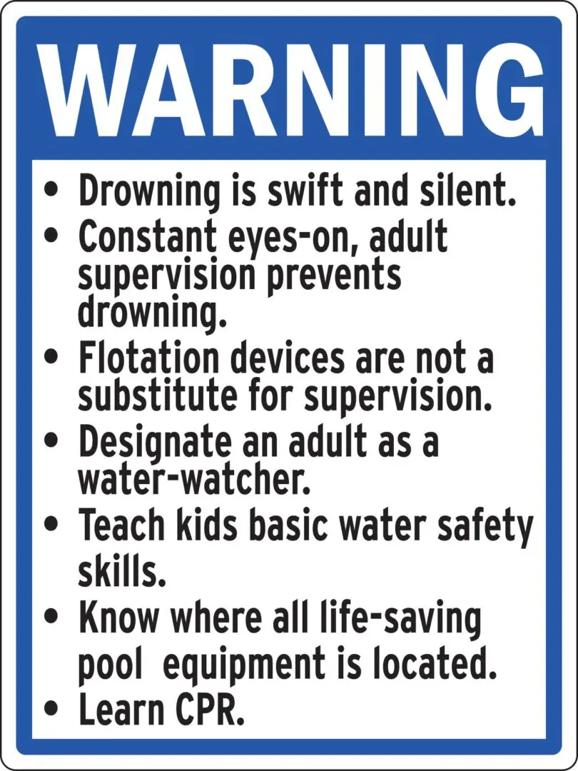Warning sign with water safety instructions.