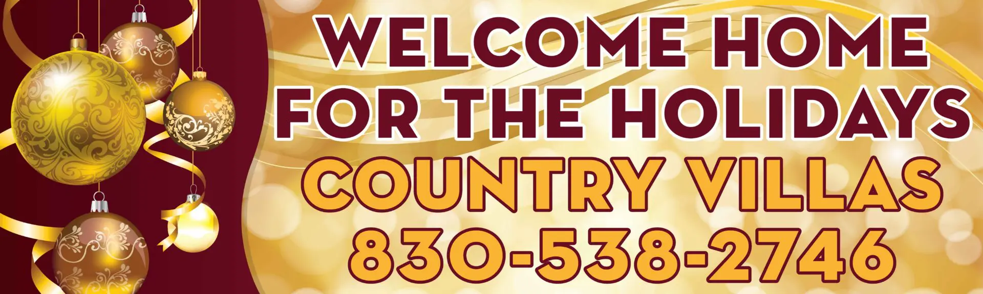 Holiday welcome banner with gold ornaments.