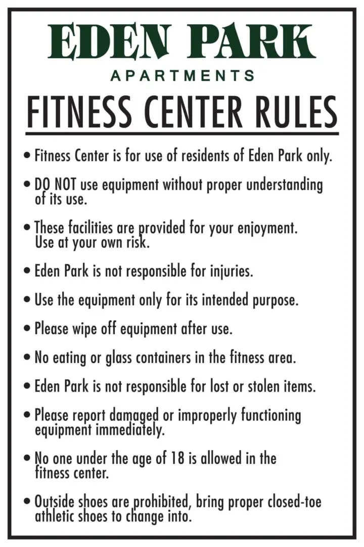 Eden Park Apartments Fitness Center Rules Sign.