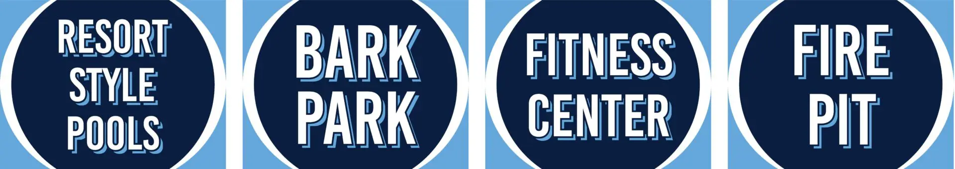 Pools, park, fitness center, fire pit icons.