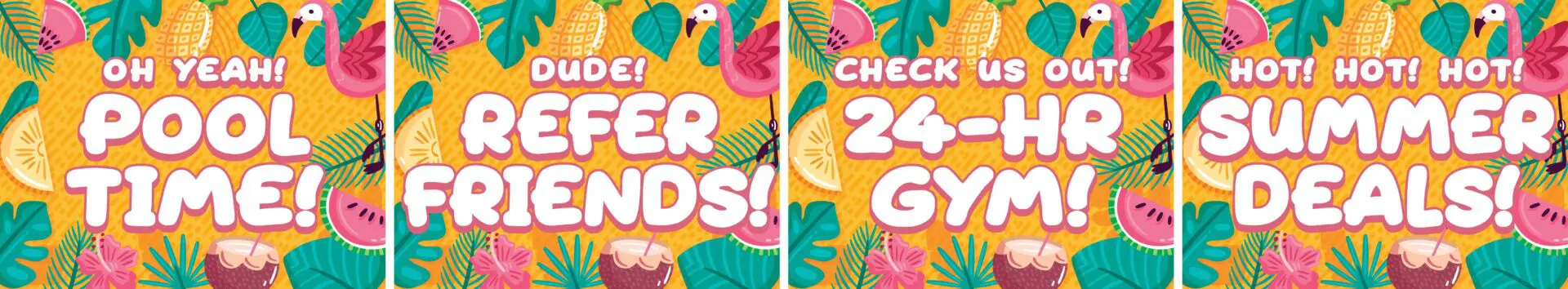 Colorful summer promotions with tropical designs.