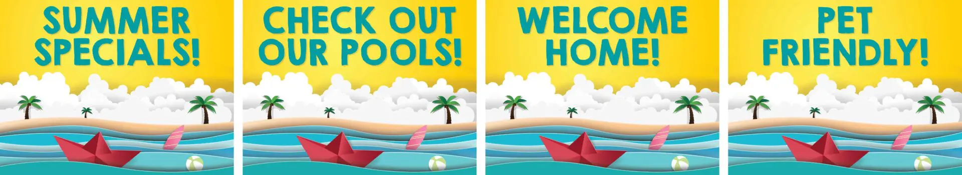 Tropical beach advertisements with various welcoming messages.