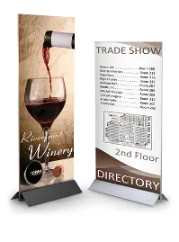 Wine poster and trade show directory signs.