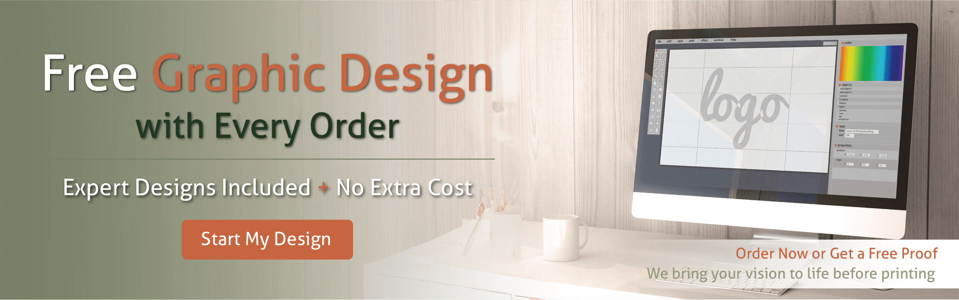 Free graphic design offer with computer screen.