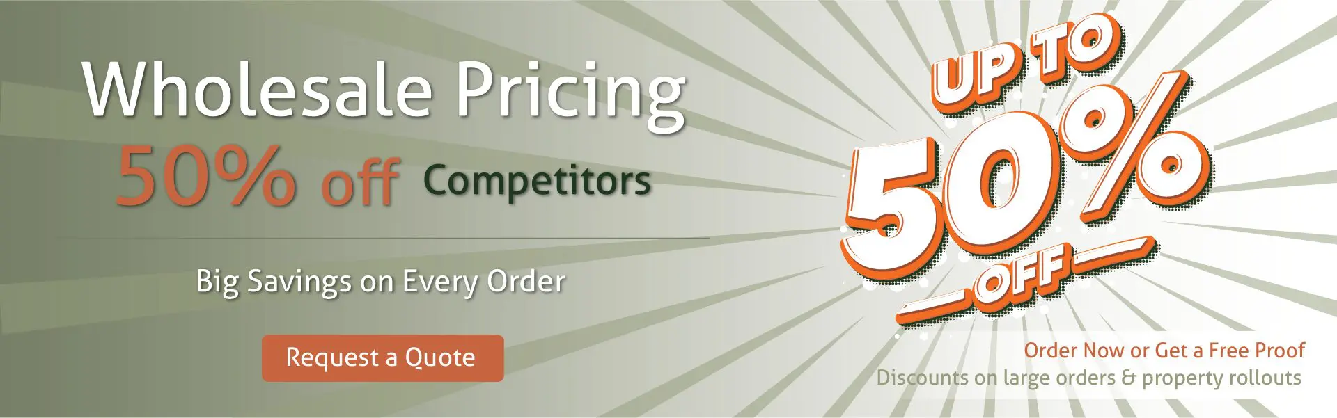 Wholesale pricing 50% off competitors banner.