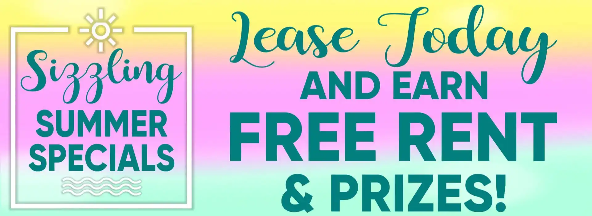 Colorful lease offer with free rent and prizes promotion.