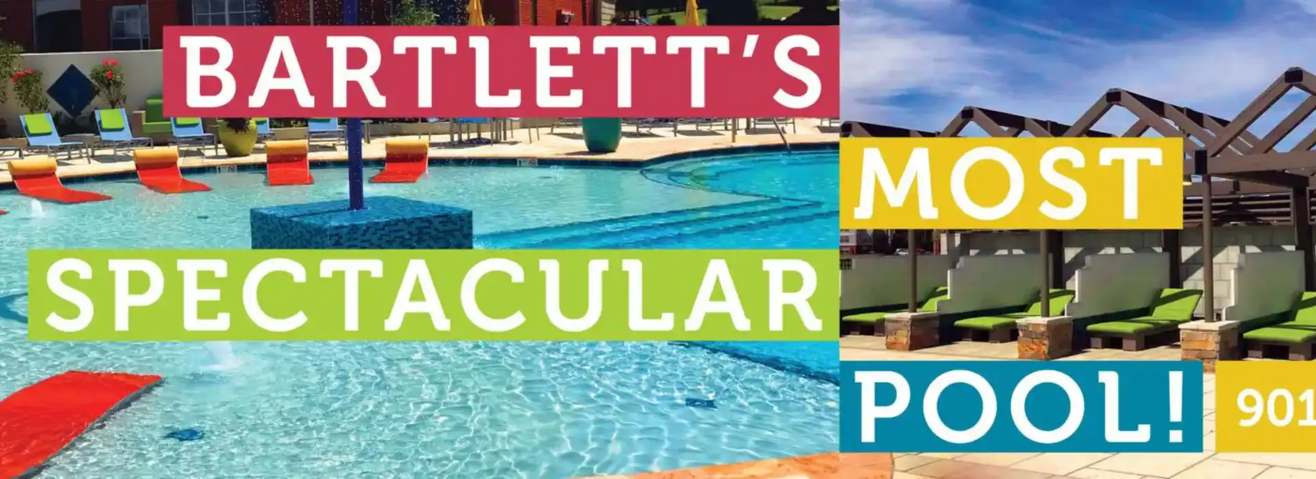 A colorful banner with a swimming pool background and bold text.