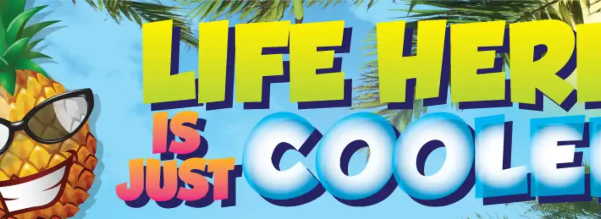 Colorful 3D text with tropical leaves background.