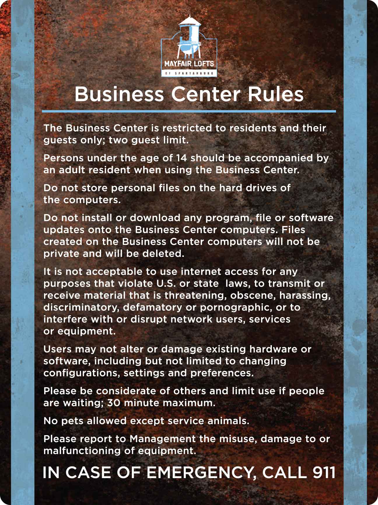 Business center rules and emergency contact information.