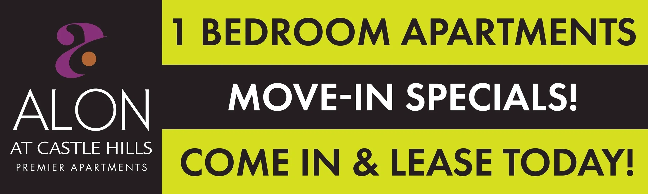 1 bedroom apartments, move-in specials advertisement.