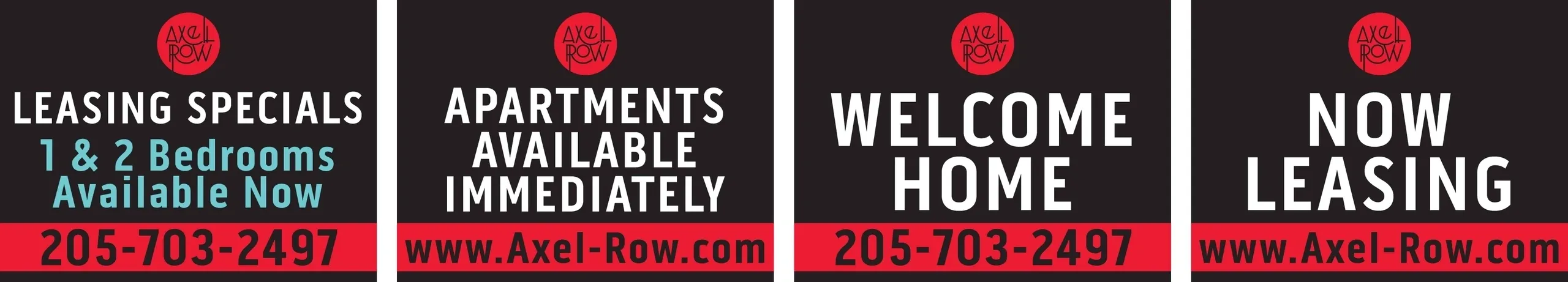 Apartment leasing specials and contact information.