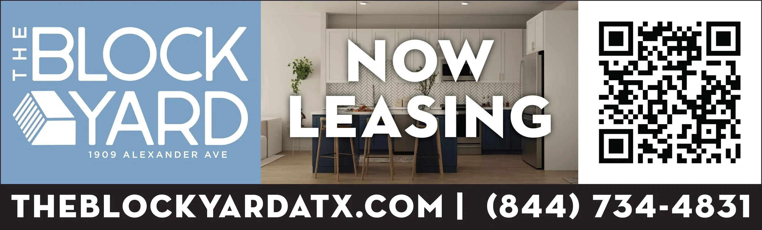 The Block Yard leasing advertisement with QR code.