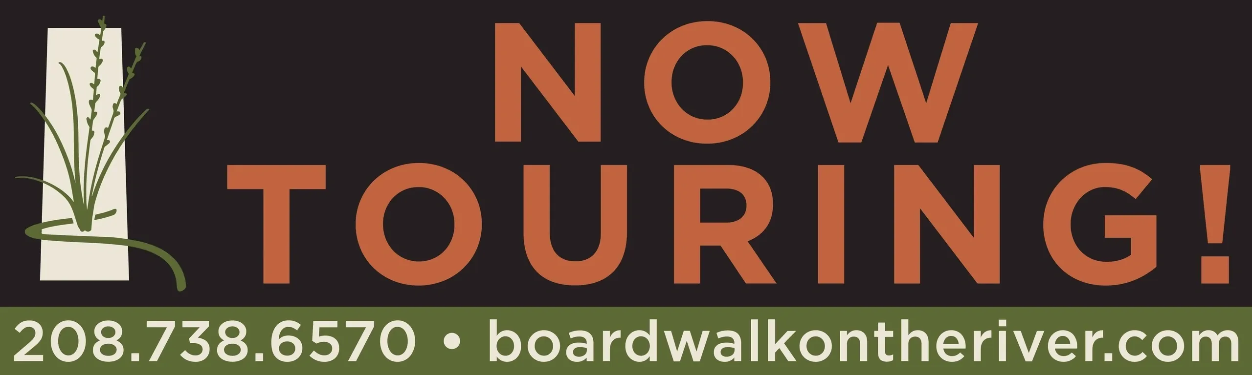 Now touring advertisement with contact information.