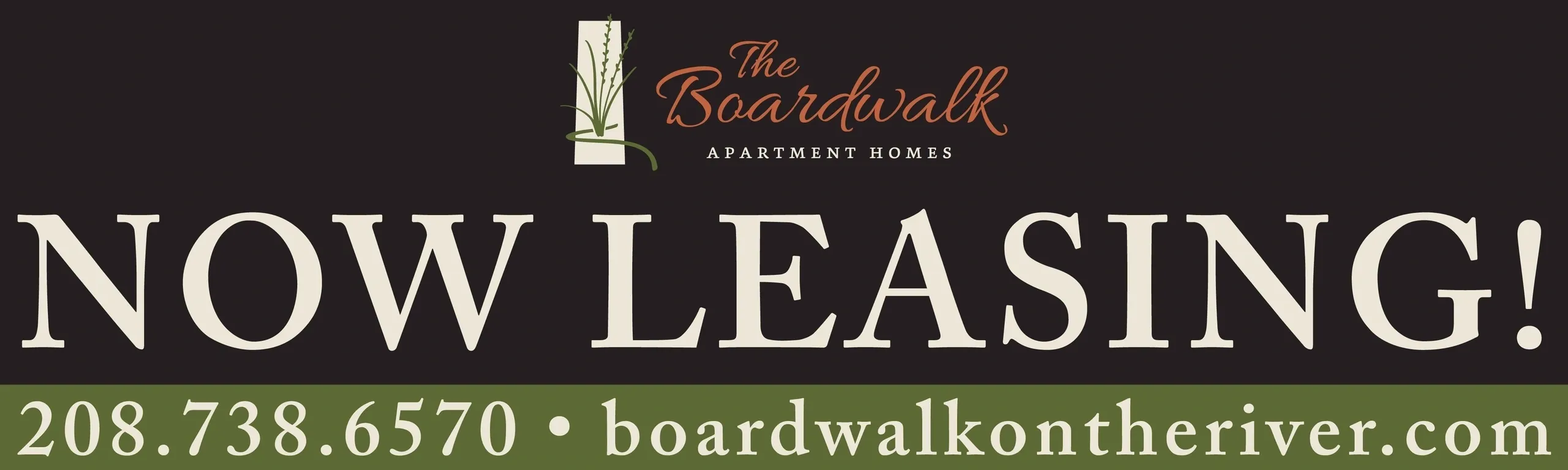 Now leasing sign with contact information.