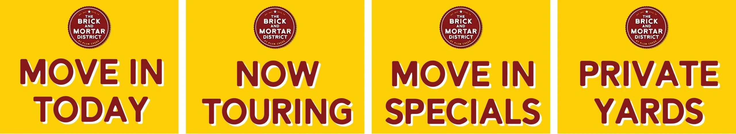 Yellow signs with apartment community promotions.