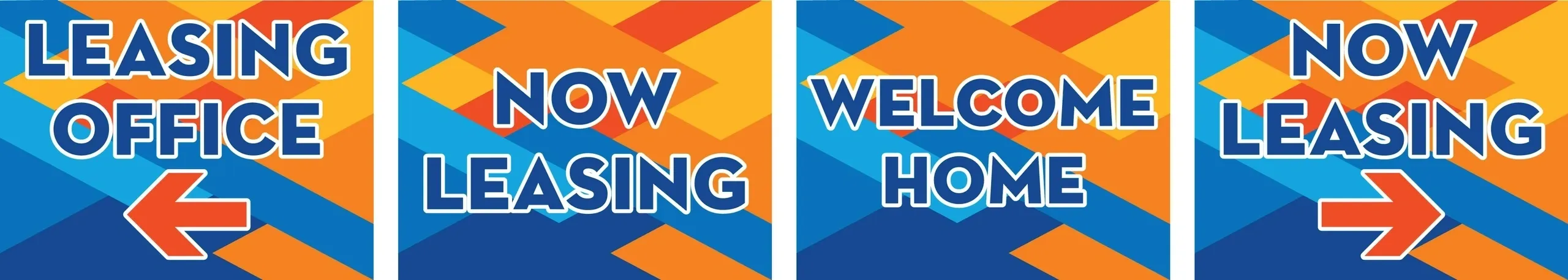 Leasing signs with colorful geometric backgrounds.