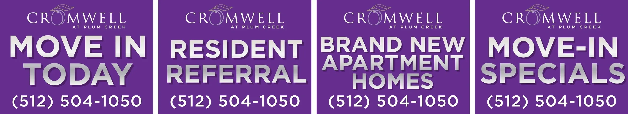 Apartment promotions and contact information signs.