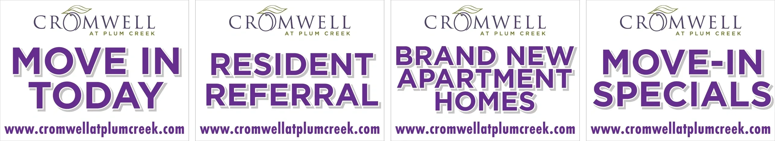 Apartment promotions and referral offers signage.