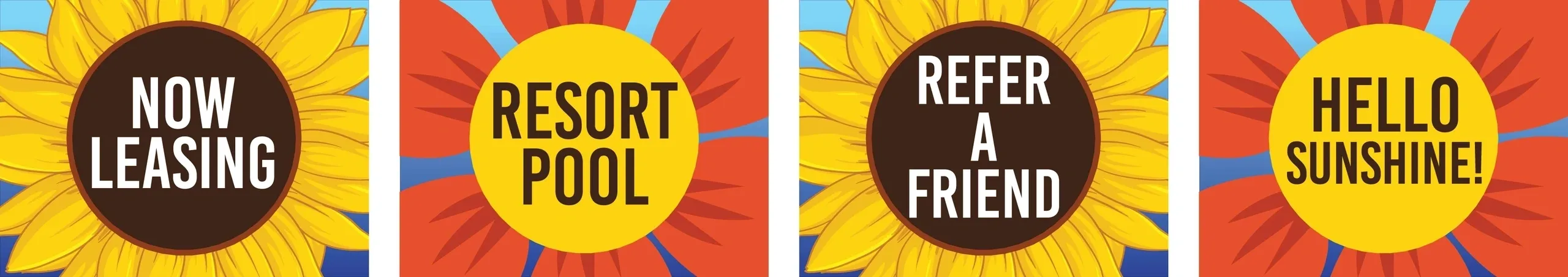Sunflower designs with promotional text messages.