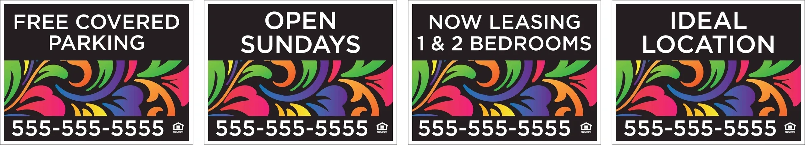 Colorful signs with leasing information.