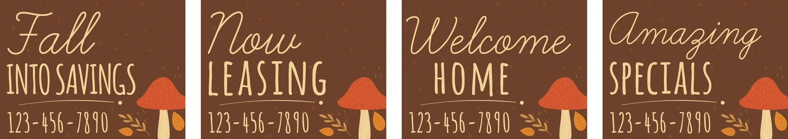 Four brown signs with fall-themed messages.