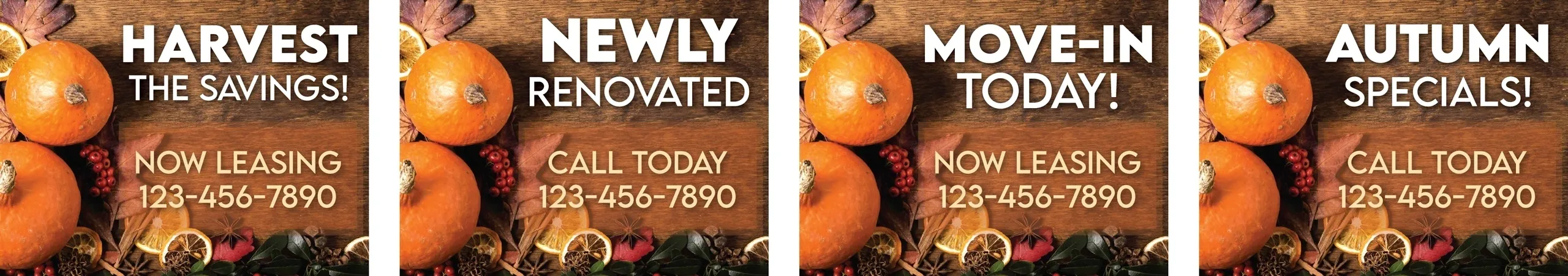 Autumn-themed leasing advertisement with pumpkins.